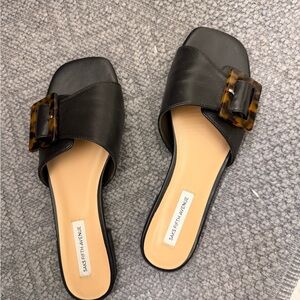 Saks Fifth Avenue Black Slide Mules with Tortoiseshell Buckle